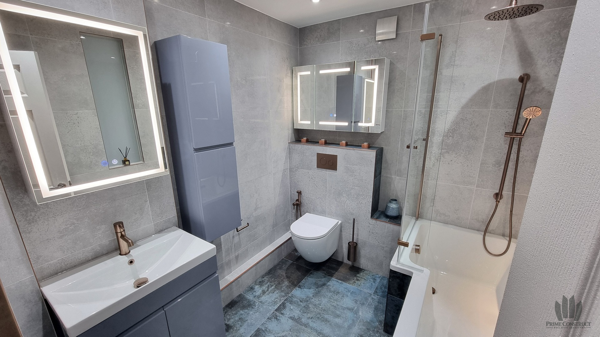 Completed main bathroom with bath, vanity and wall-hung WC